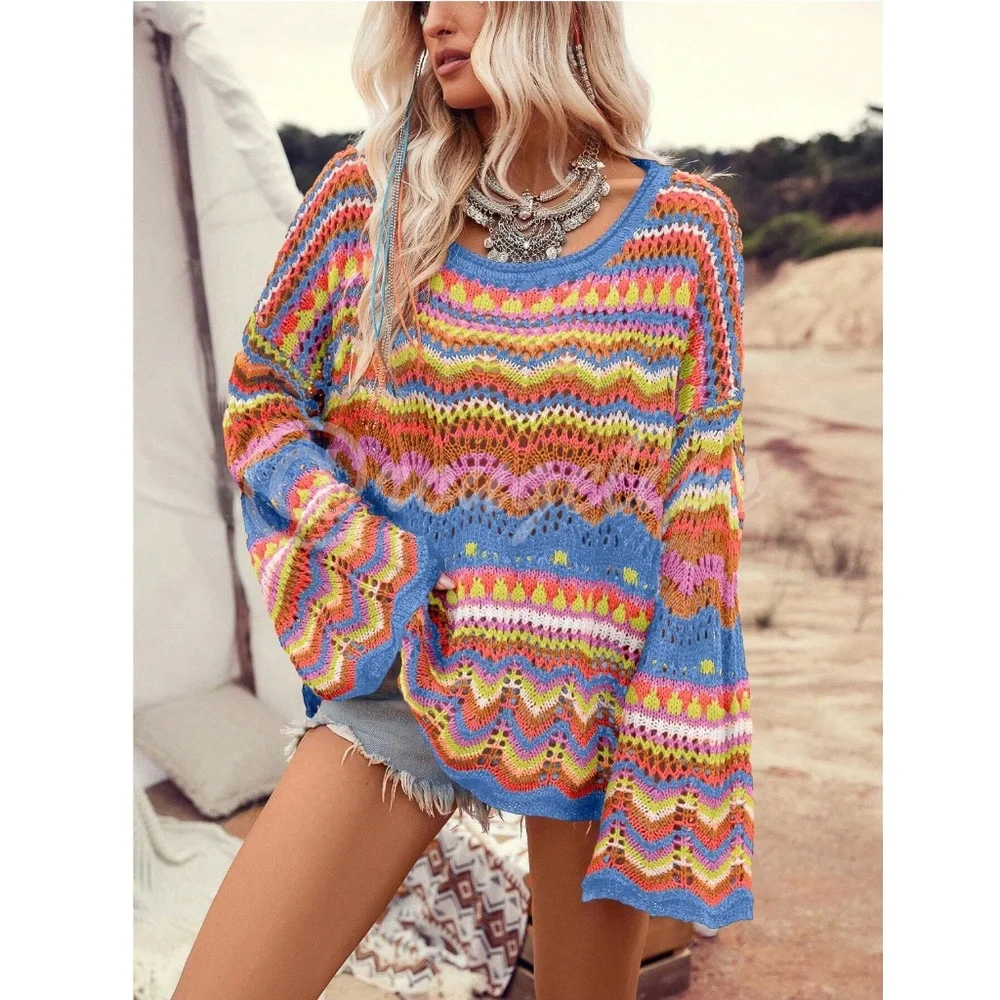 Bohemian Bell Sleeve Sweater Loose Fit Multicolor Knit Eyelet - Picture 7 of 8